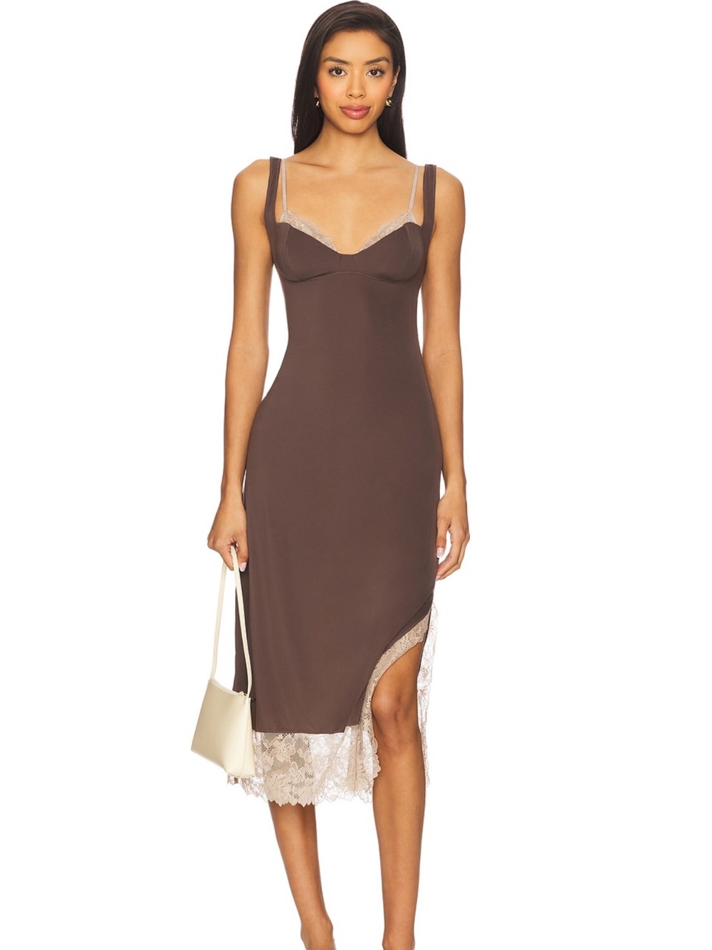 Free People Mauve Slip Midi Dress with Blush Lace Trim